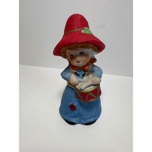 Vintage Jasco Bisque Porcelain Bell Girl Playing Drum Red Hat Blue Dress